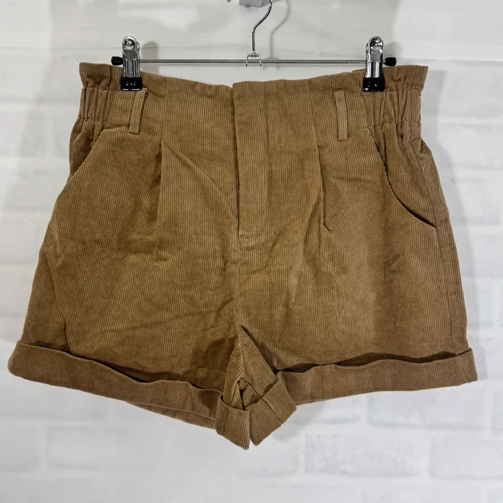 Cider Corduroy Shorts Womens Size L High Waist Tan Brown Paperbag‎ Waist